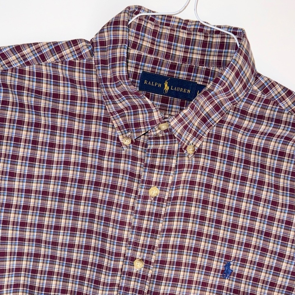 Ralph Lauren Mens‎ L Plaid Button Down Shirt Burgundy Blue Long Sleeve Pony Logo